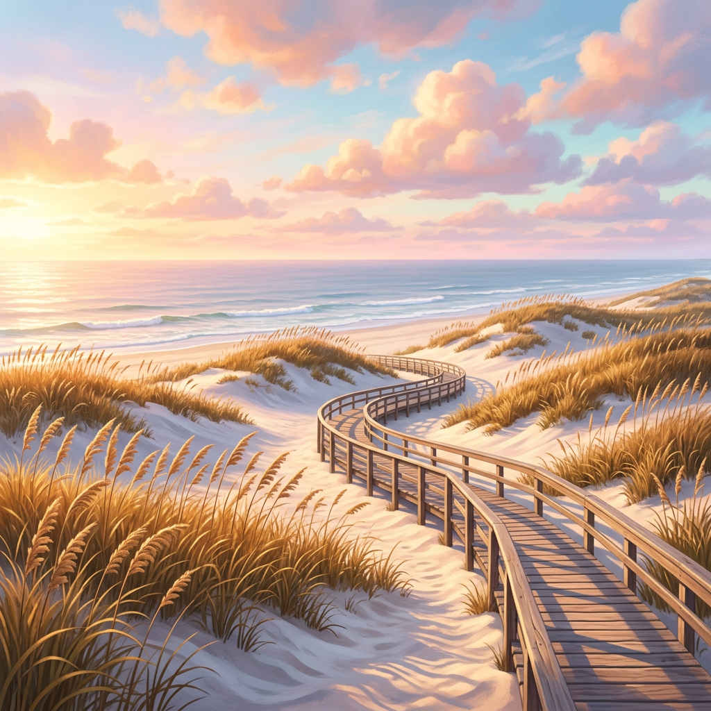 Amelia Island dunes and boardwalk at golden hour — illustrated in Pixar style